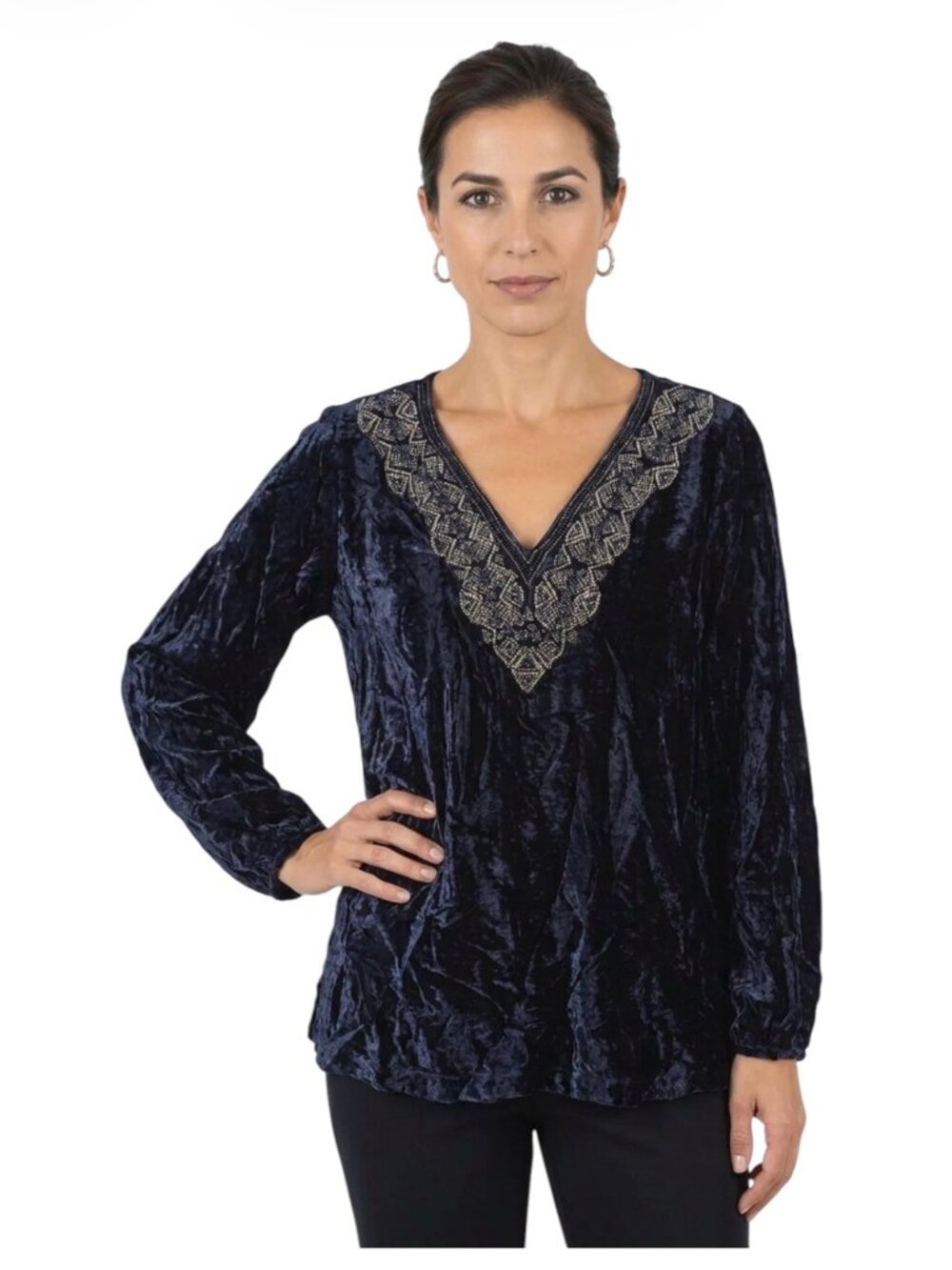 Soft Surroundings Medium Long Sleeve Purple Beaded Velvet Top